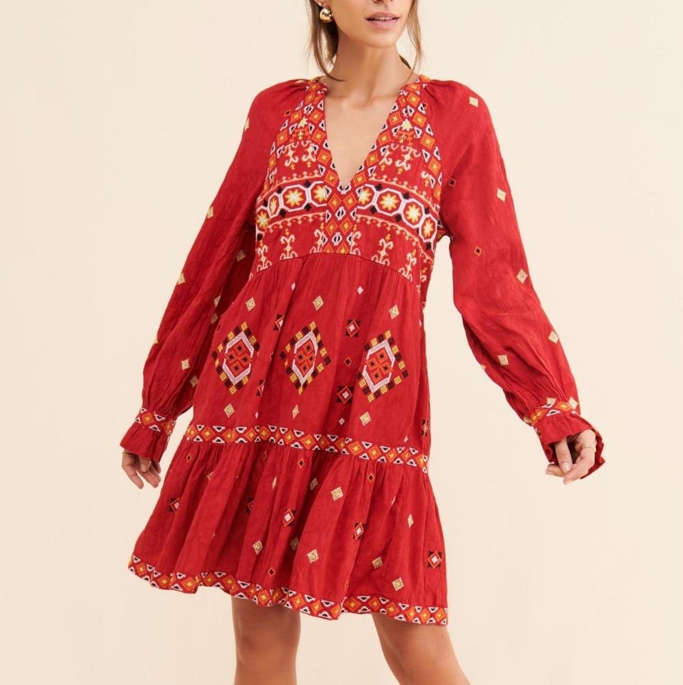 Anthropologie Red Embroidered Long Sleeve Dress